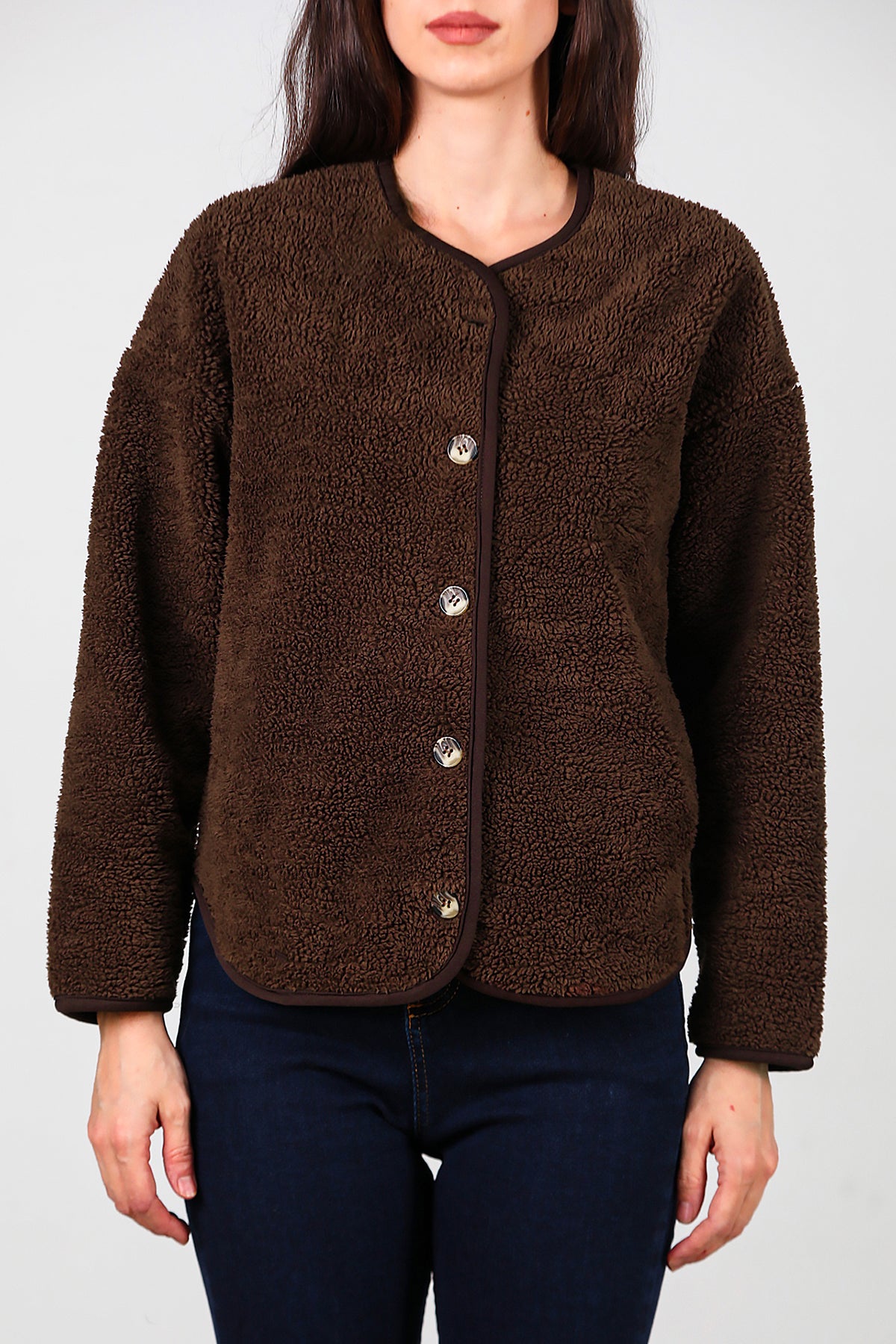 Kadın İçi Polarlı Düğmeli Peluş Ceket Kahverengi