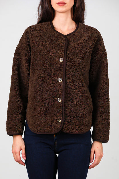 Kadın İçi Polarlı Düğmeli Peluş Ceket Kahverengi