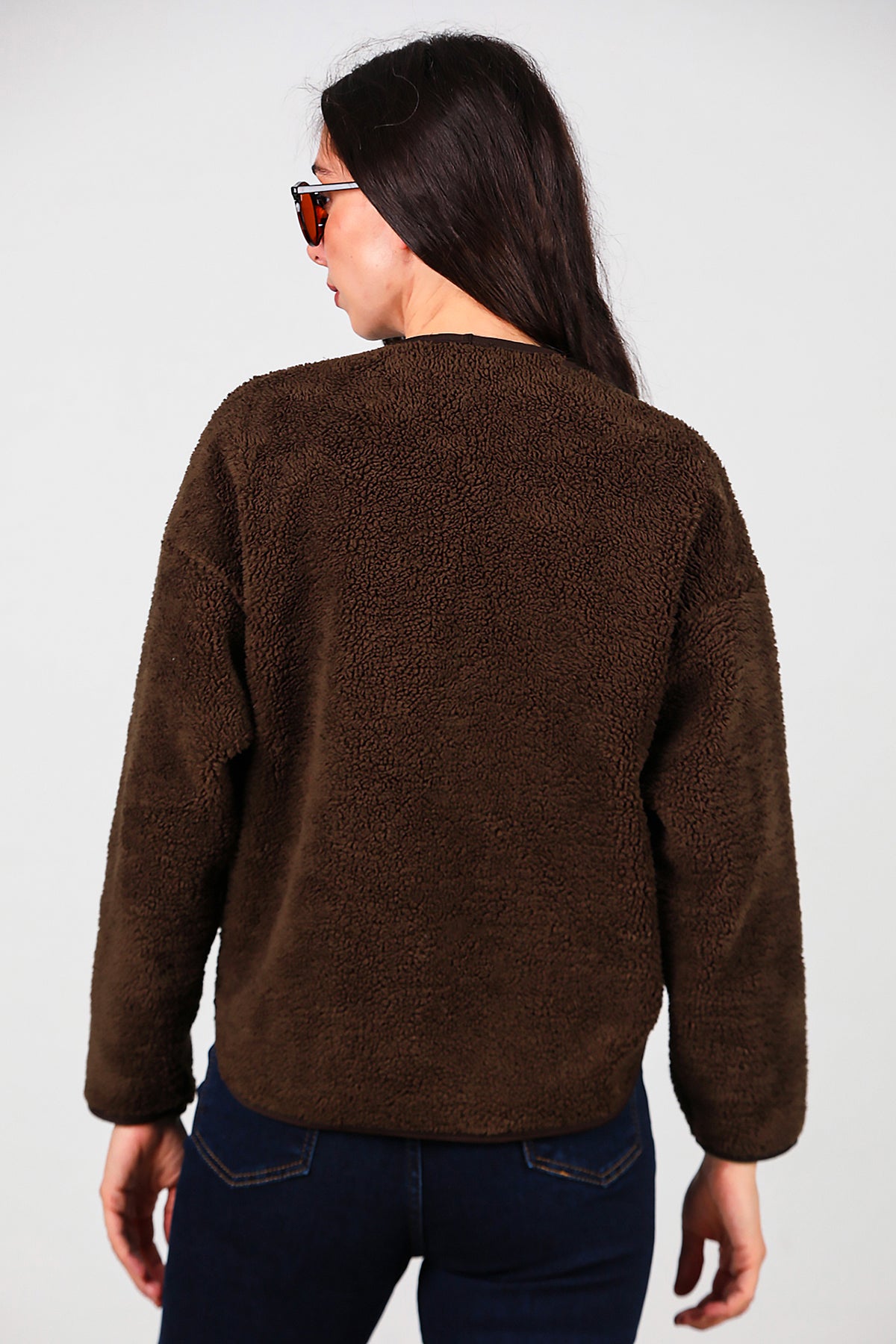 Kadın İçi Polarlı Düğmeli Peluş Ceket Kahverengi