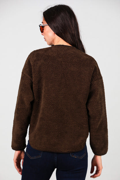 Kadın İçi Polarlı Düğmeli Peluş Ceket Kahverengi