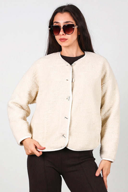Kadın İçi Polarlı Düğmeli Peluş Ceket Taş