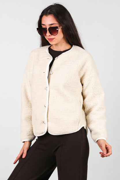Kadın İçi Polarlı Düğmeli Peluş Ceket Taş