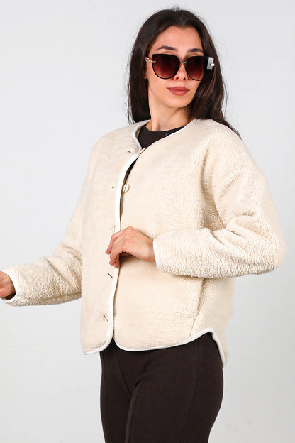 Kadın İçi Polarlı Düğmeli Peluş Ceket Taş