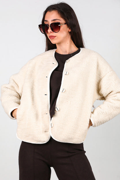 Kadın İçi Polarlı Düğmeli Peluş Ceket Taş
