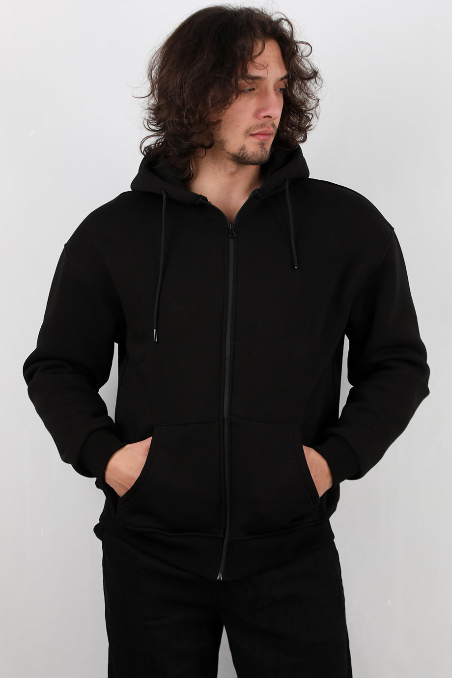 Hoodfleece Erkek Kapşonlu Kanguru Cep Şardonlu Ceket Siyah