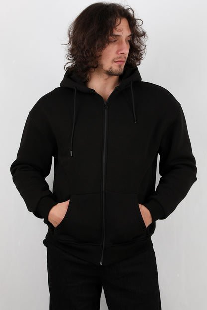 Hoodfleece Erkek Kapşonlu Kanguru Cep Şardonlu Ceket Siyah