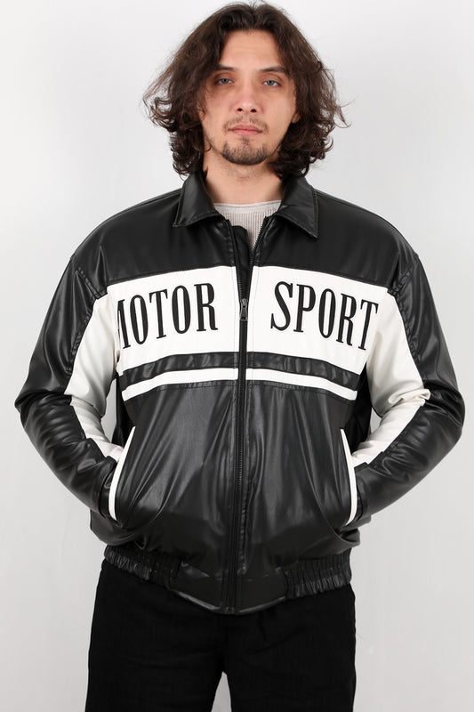 Scriptor Erkek Önü Yazılı Deri Ceket Siyah