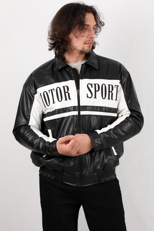 Scriptor Erkek Önü Yazılı Deri Ceket Siyah