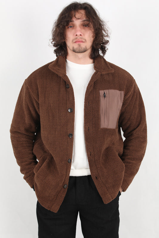 Plush Erkek Cep Detay Önü Düğmeli Peluş Ceket Kahverengi
