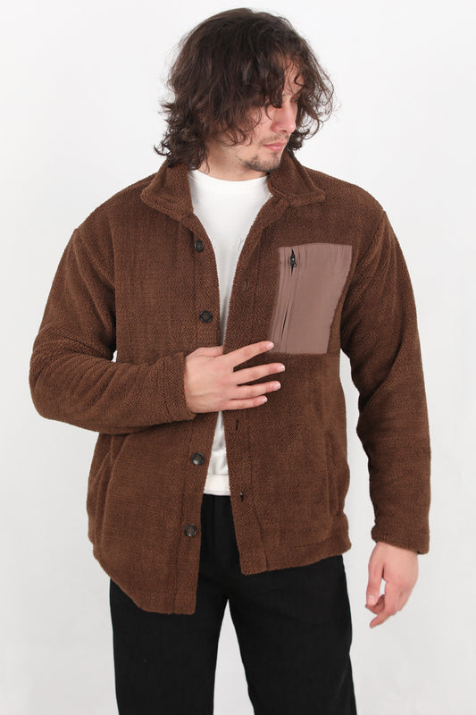 Plush Erkek Cep Detay Önü Düğmeli Peluş Ceket Kahverengi