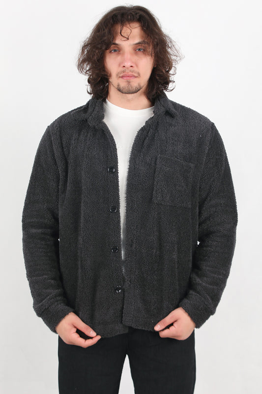 Sherpa Erkek Tek Cepli Önü Düğmeli Peluş Ceket Antrasit