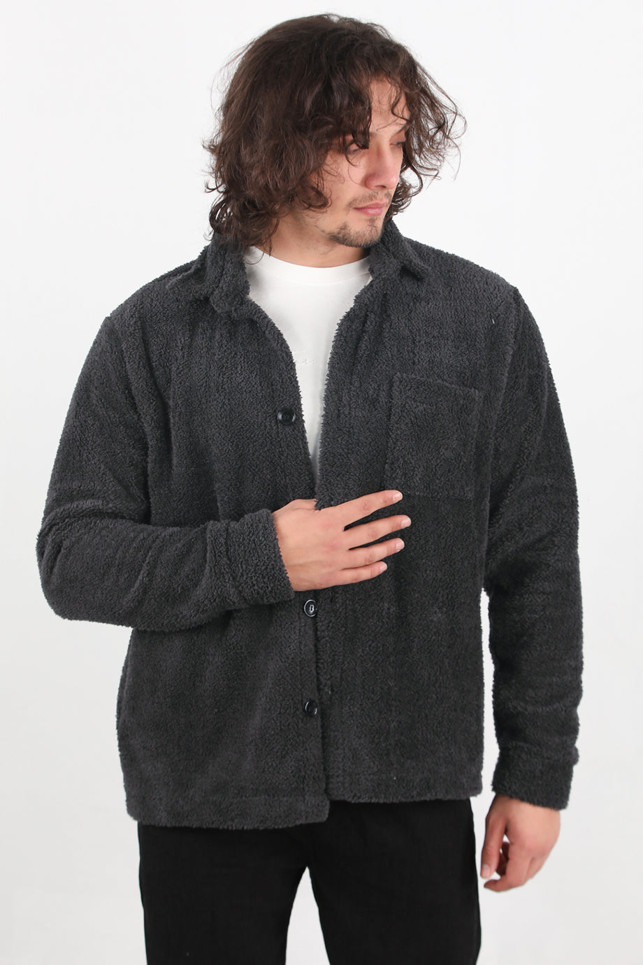 Sherpa Erkek Tek Cepli Önü Düğmeli Peluş Ceket Antrasit