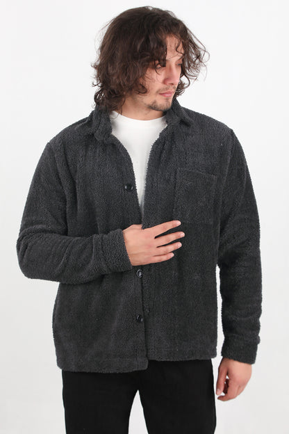 Sherpa Erkek Tek Cepli Önü Düğmeli Peluş Ceket Antrasit