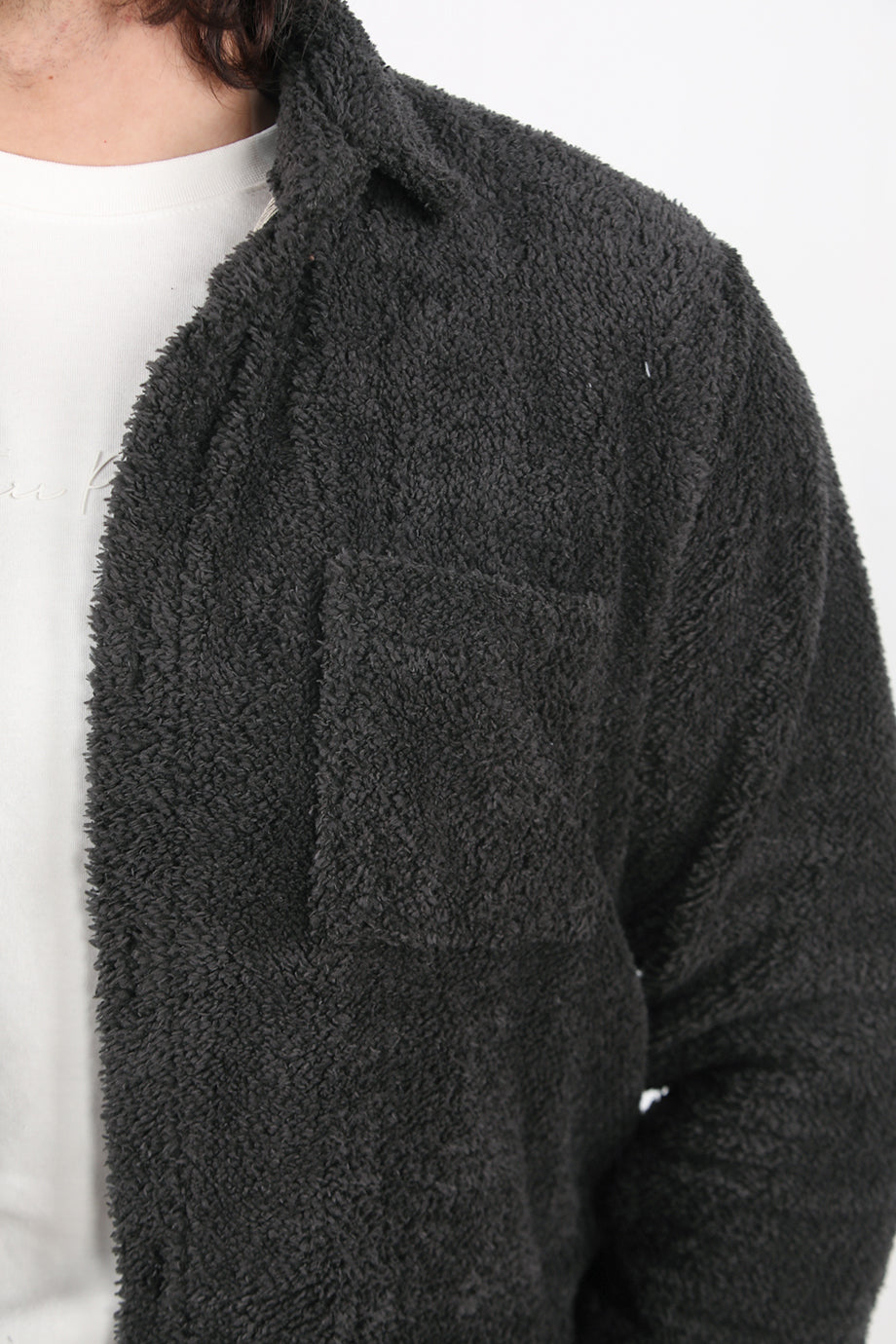 Sherpa Erkek Tek Cepli Önü Düğmeli Peluş Ceket Antrasit