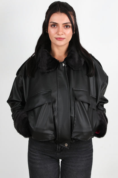 Warmleather Kadın İçi Kürklü Deri Ceket Siyah