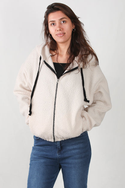 Hoodiva Kadın Kısa Kapşonlu Fermuarlı Ceket Ekru