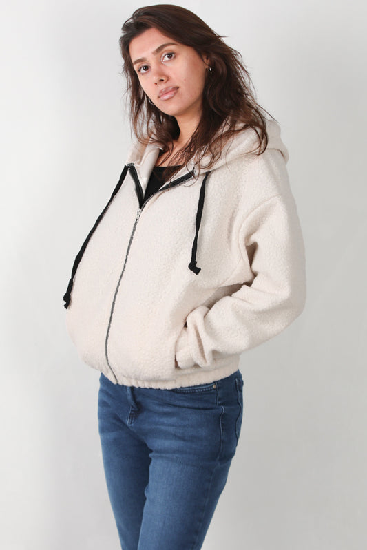 Hoodiva Kadın Kısa Kapşonlu Fermuarlı Ceket Ekru