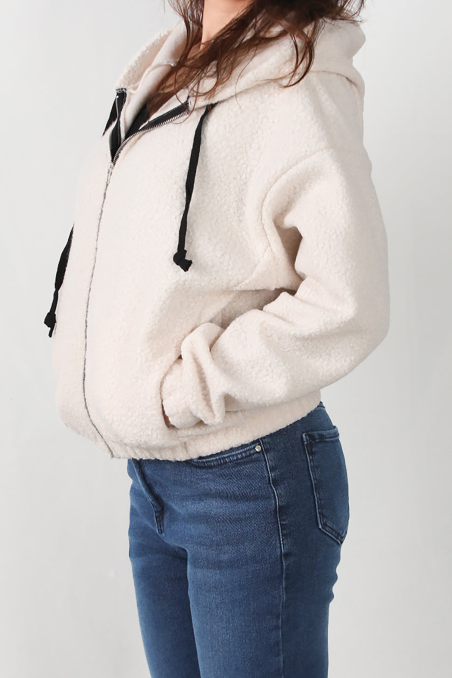 Hoodiva Kadın Kısa Kapşonlu Fermuarlı Ceket Ekru