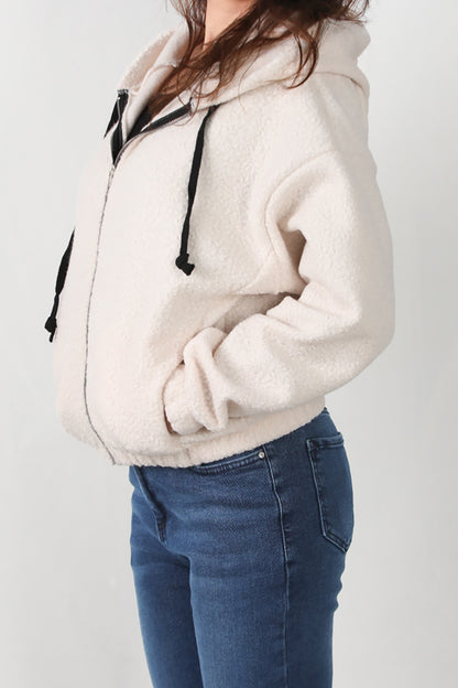Hoodiva Kadın Kısa Kapşonlu Fermuarlı Ceket Ekru