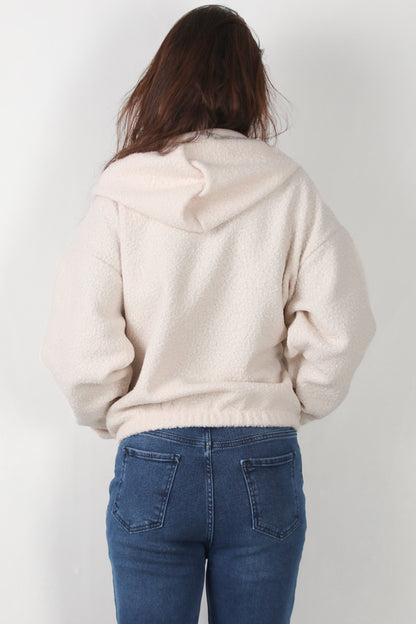 Hoodiva Kadın Kısa Kapşonlu Fermuarlı Ceket Ekru