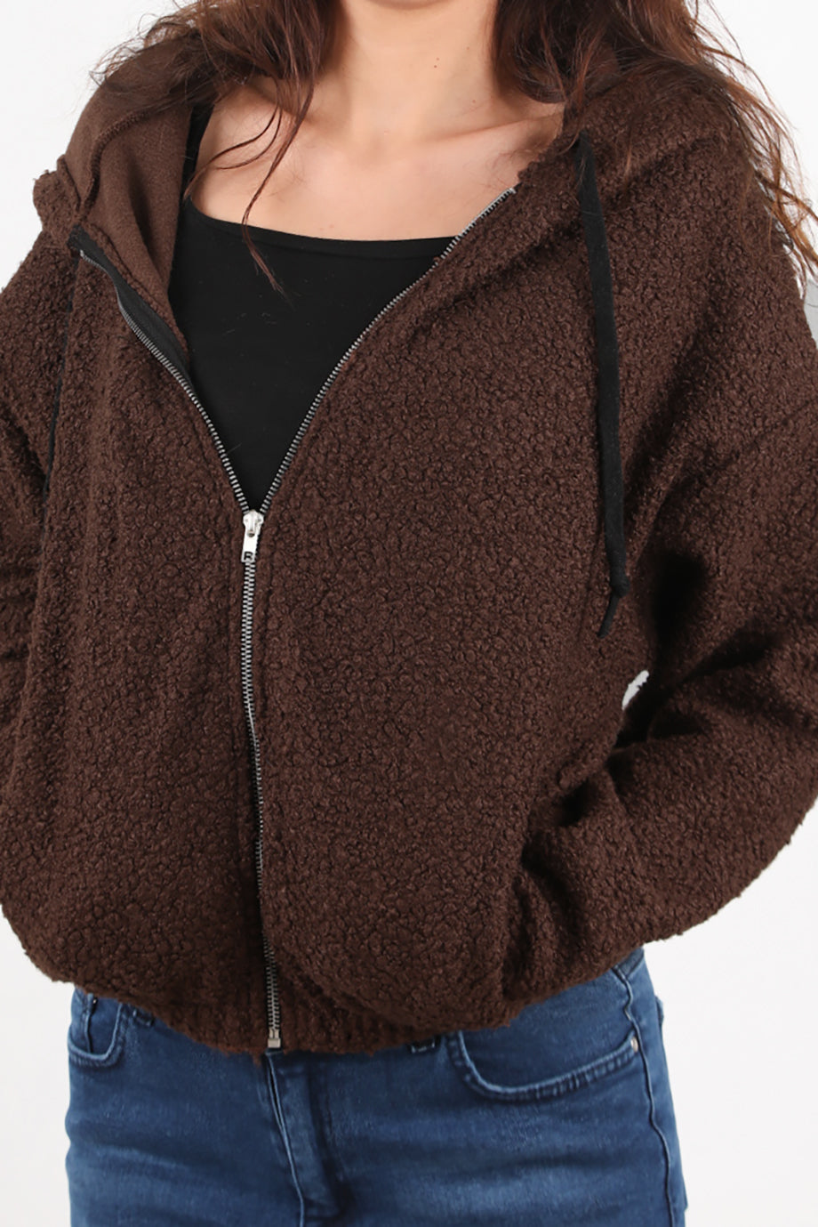 Hoodiva Kadın Kısa Kapşonlu Fermuarlı Ceket Kahverengi