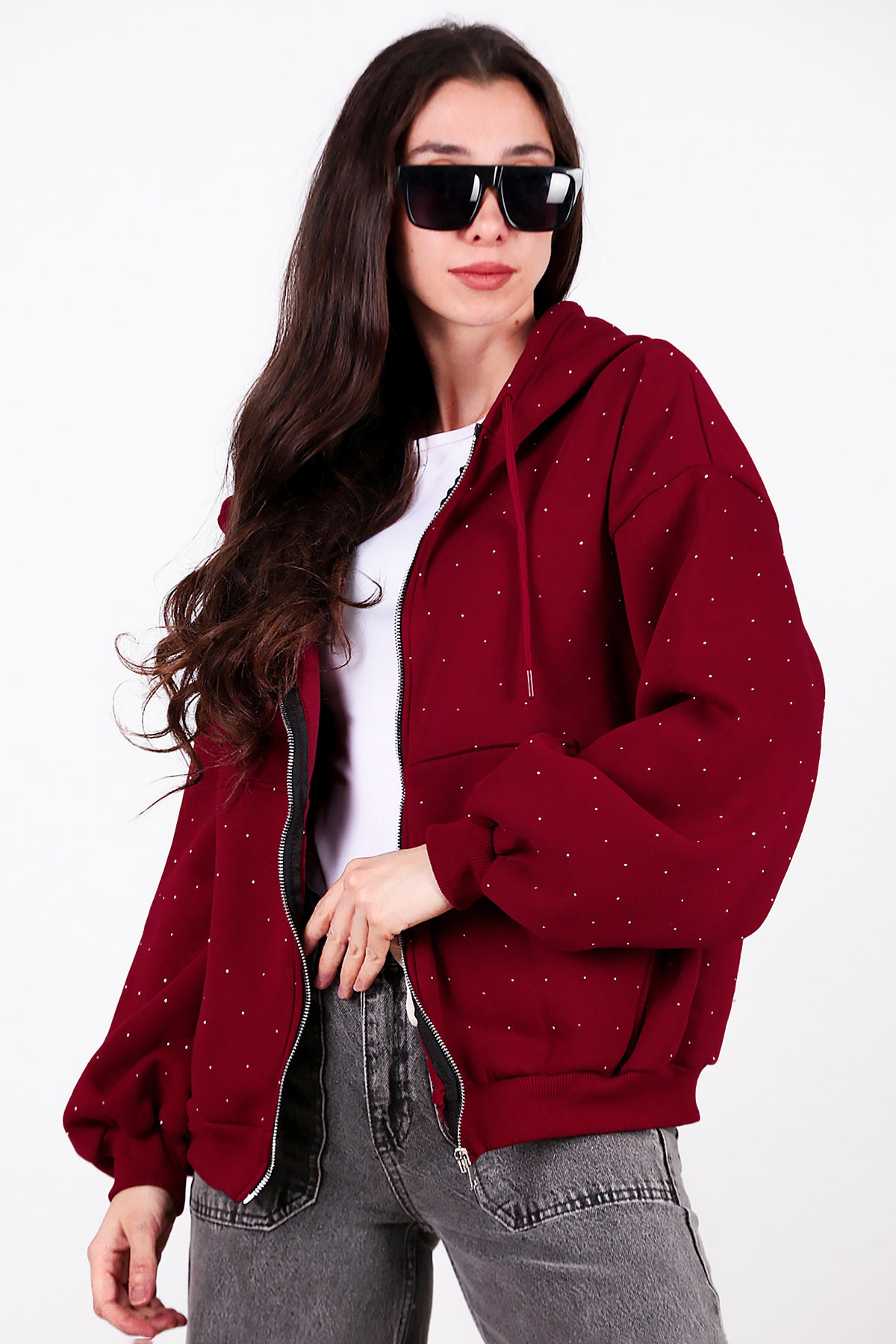 Kadın Taş Detay Kapşonlu Önü Fermuarlı Ceket Bordo