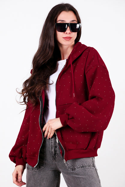 Kadın Taş Detay Kapşonlu Önü Fermuarlı Ceket Bordo