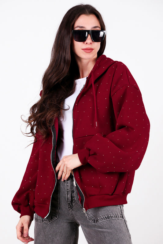 Kadın Taş Detay Kapşonlu Önü Fermuarlı Ceket Bordo