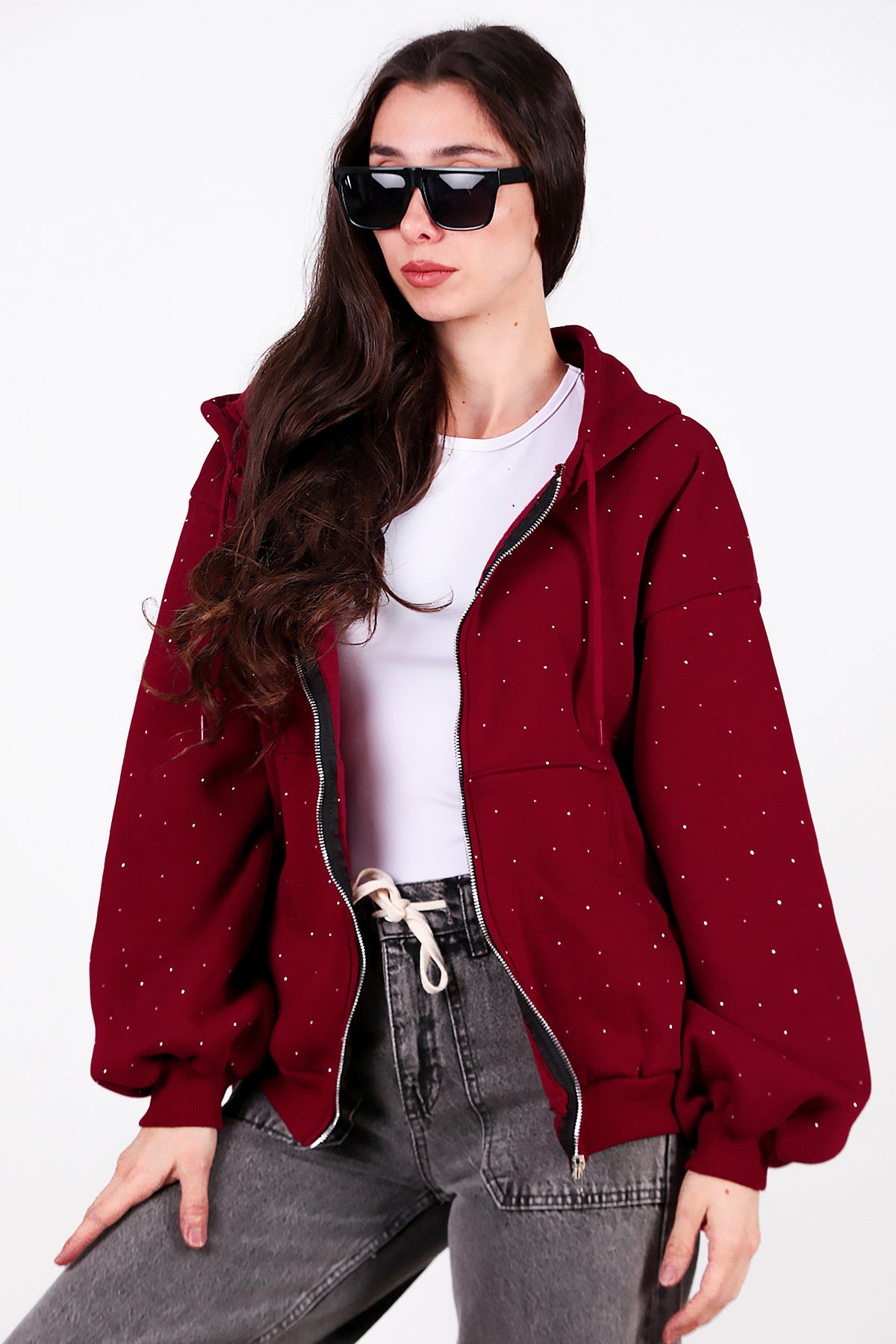 Kadın Taş Detay Kapşonlu Önü Fermuarlı Ceket Bordo