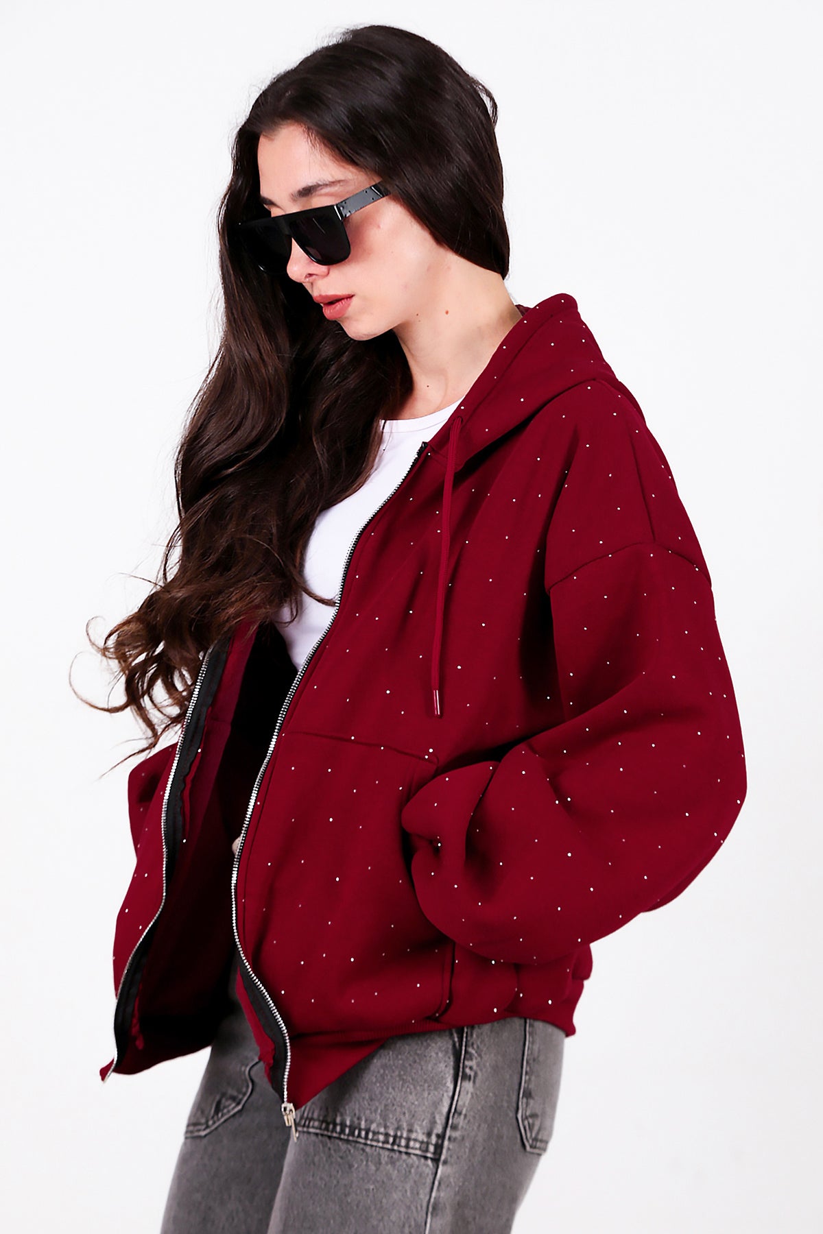 Kadın Taş Detay Kapşonlu Önü Fermuarlı Ceket Bordo