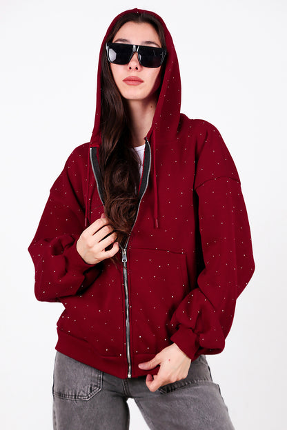 Kadın Taş Detay Kapşonlu Önü Fermuarlı Ceket Bordo