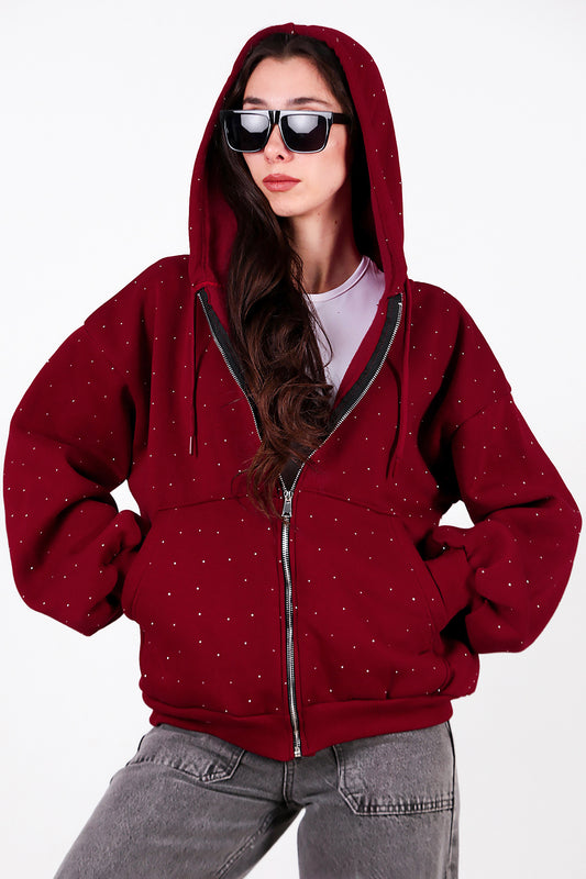 Kadın Taş Detay Kapşonlu Önü Fermuarlı Ceket Bordo