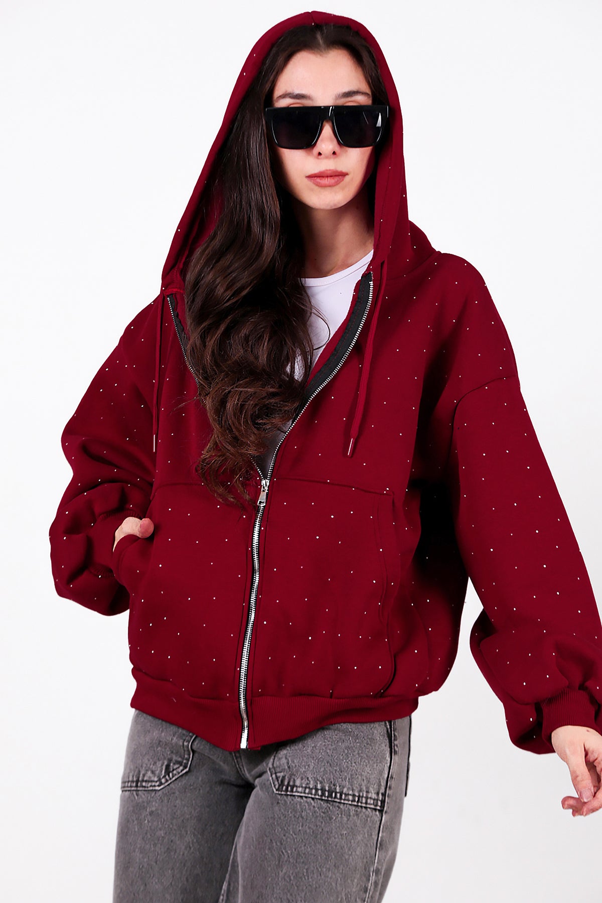 Kadın Taş Detay Kapşonlu Önü Fermuarlı Ceket Bordo