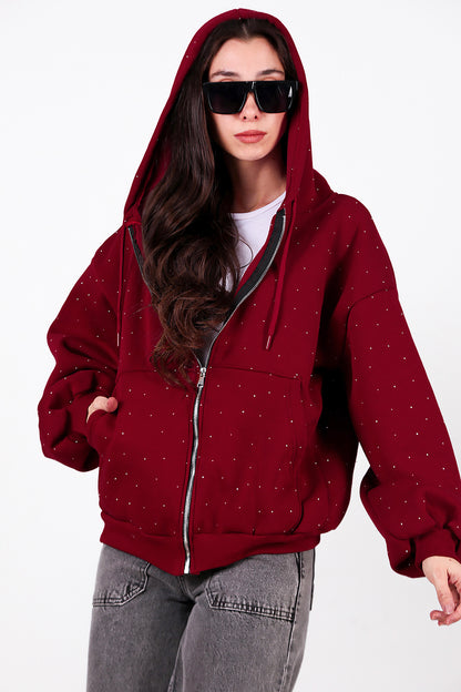 Kadın Taş Detay Kapşonlu Önü Fermuarlı Ceket Bordo