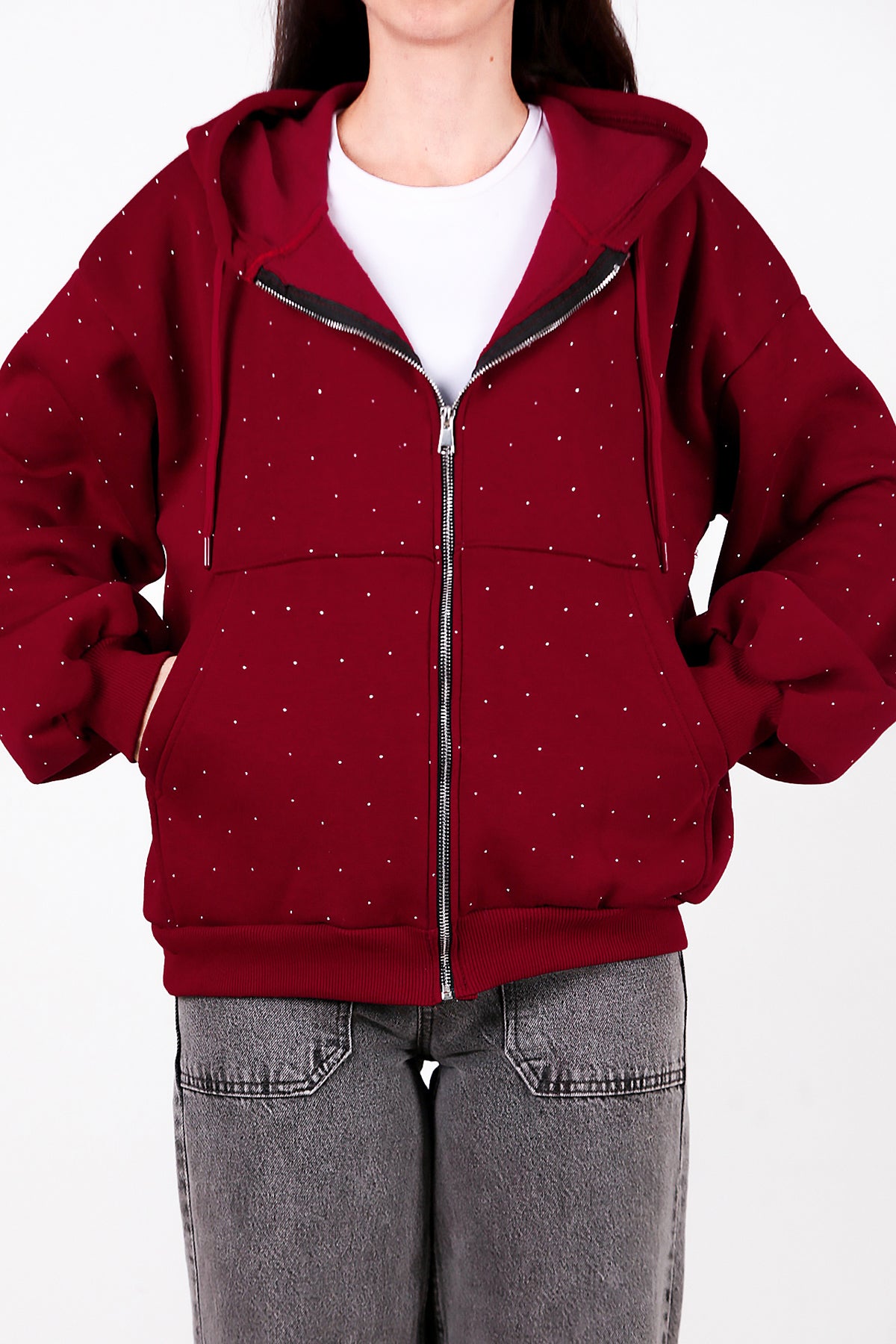 Kadın Taş Detay Kapşonlu Önü Fermuarlı Ceket Bordo