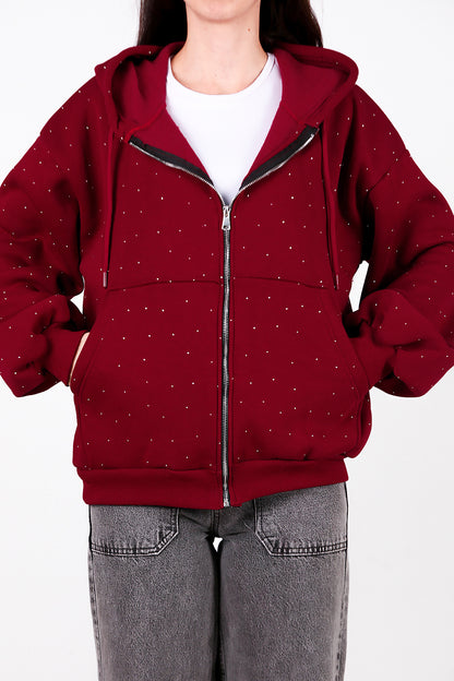 Kadın Taş Detay Kapşonlu Önü Fermuarlı Ceket Bordo