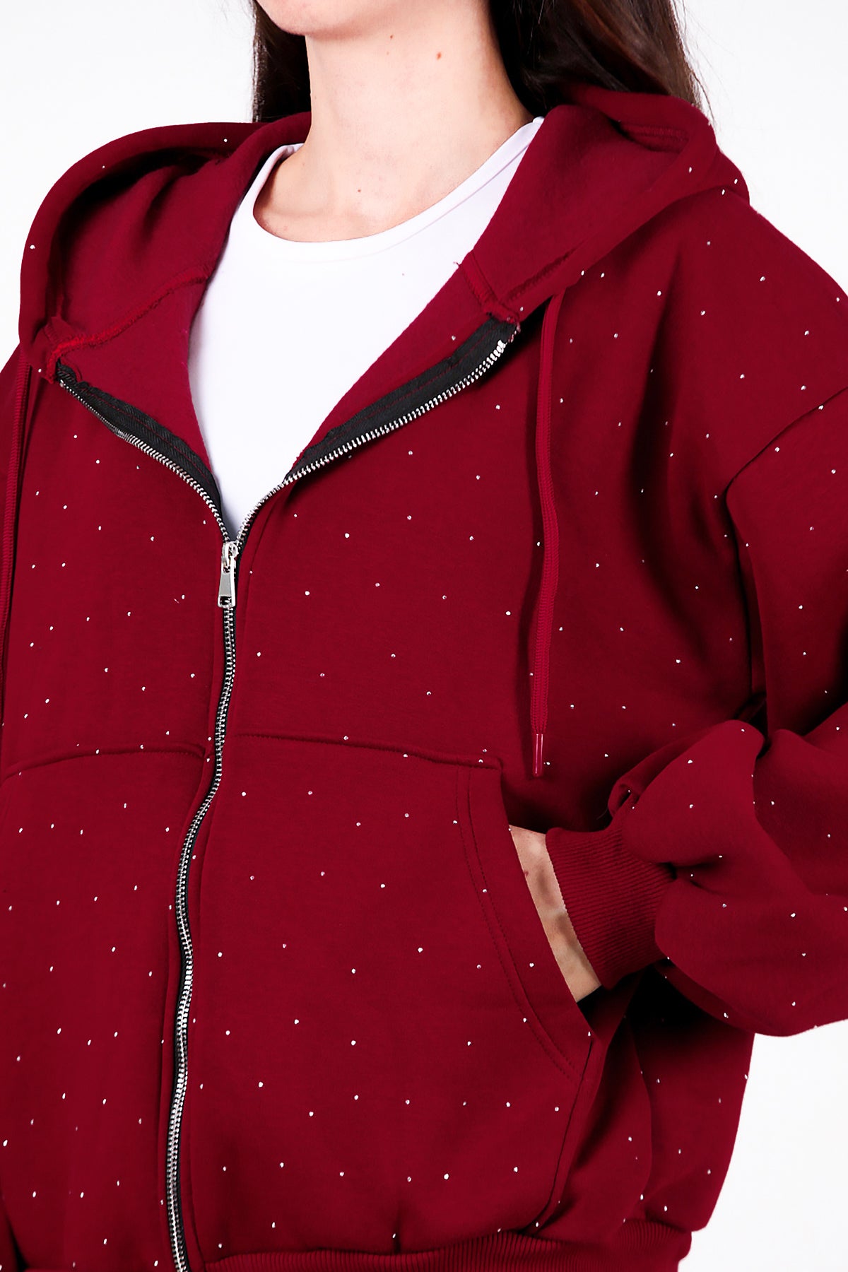 Kadın Taş Detay Kapşonlu Önü Fermuarlı Ceket Bordo