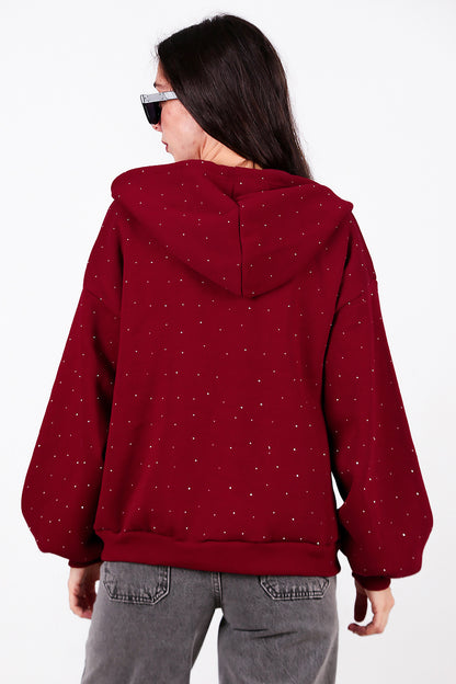 Kadın Taş Detay Kapşonlu Önü Fermuarlı Ceket Bordo