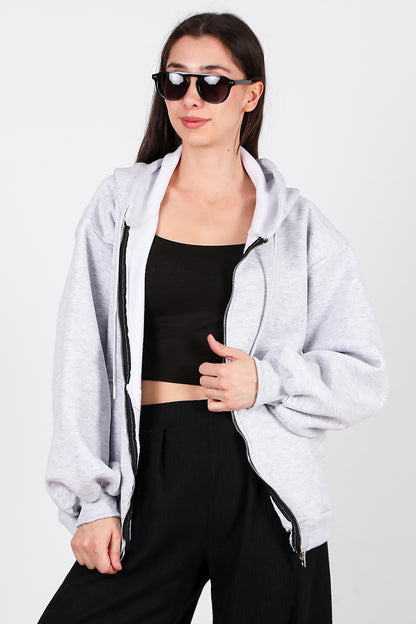 Kadın Taş Detay Kapşonlu Önü Fermuarlı Ceket Gri