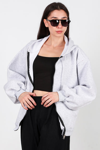 Kadın Taş Detay Kapşonlu Önü Fermuarlı Ceket Gri
