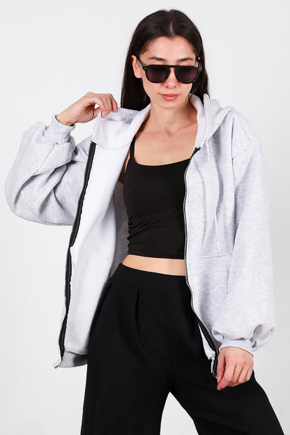 Kadın Taş Detay Kapşonlu Önü Fermuarlı Ceket Gri