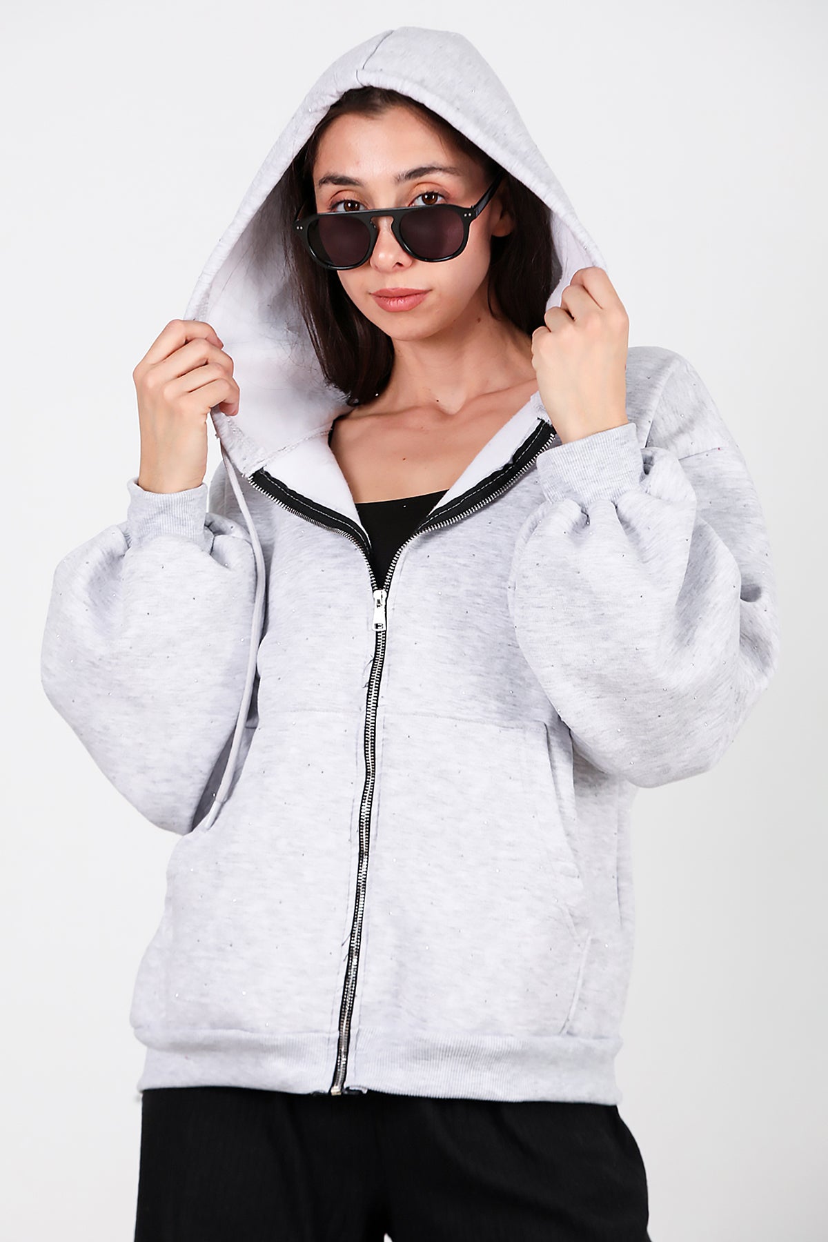 Kadın Taş Detay Kapşonlu Önü Fermuarlı Ceket Gri