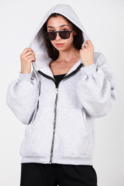 Kadın Taş Detay Kapşonlu Önü Fermuarlı Ceket Gri