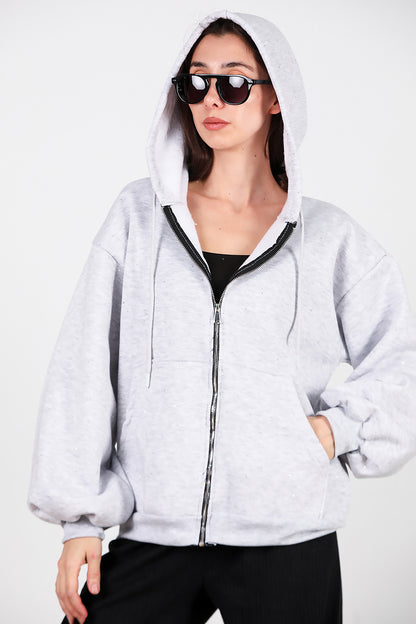 Kadın Taş Detay Kapşonlu Önü Fermuarlı Ceket Gri