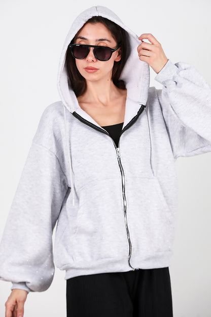 Kadın Taş Detay Kapşonlu Önü Fermuarlı Ceket Gri
