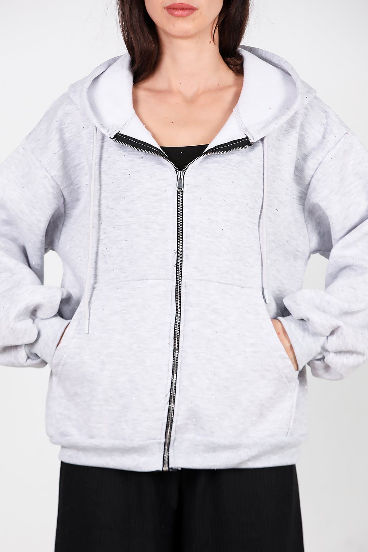 Kadın Taş Detay Kapşonlu Önü Fermuarlı Ceket Gri