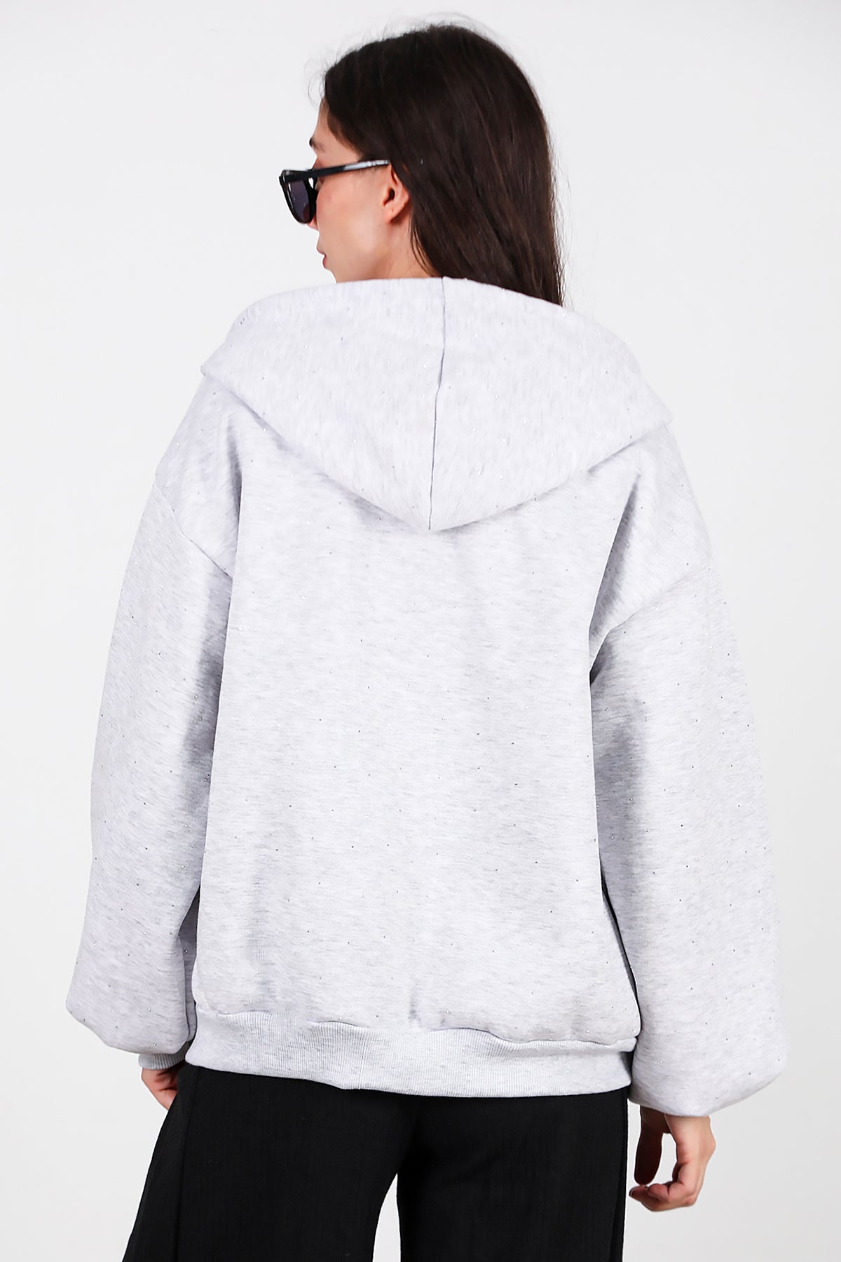 Kadın Taş Detay Kapşonlu Önü Fermuarlı Ceket Gri