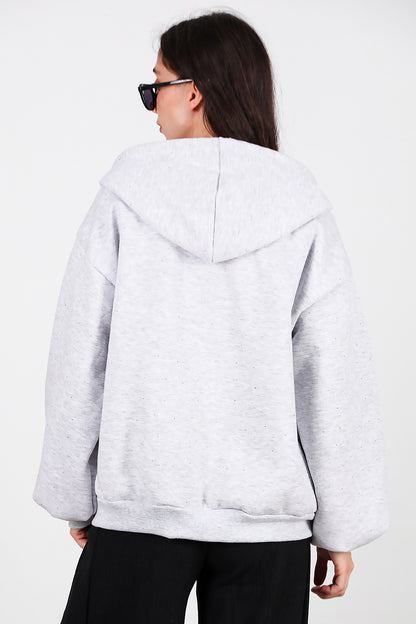 Kadın Taş Detay Kapşonlu Önü Fermuarlı Ceket Gri