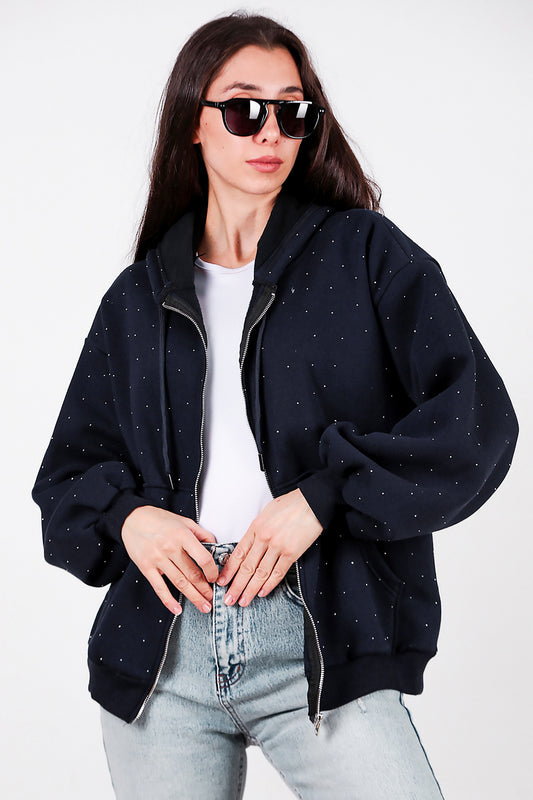 Kadın Taş Detay Kapşonlu Önü Fermuarlı Ceket Lacivert