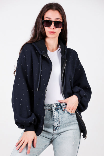Kadın Taş Detay Kapşonlu Önü Fermuarlı Ceket Lacivert